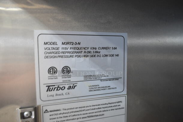 Turbo Air M3R72-3-N Stainless Steel Commercial 3 Door Reach In Cooler w/ Poly Coated Racks on Commercial Casters. 115 Volts, 1 Phase. Tested and Working! - Image 7 of 7