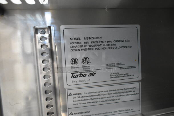 Turbo Air MST-72-30-N Stainless Steel Commercial Prep Table on Commercial Casters. 115 Volts, 1 Phase. Tested and Powers On But Does Not Get Cold - Image 9 of 9