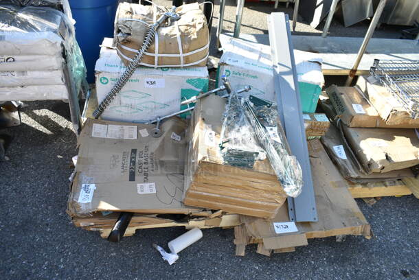 PALLET LOT of 15 BRAND NEW Items Including Saf-T-Fresh Containers, 164TB2230 Lancaster Table & Seating 22" x 30" Cross Cast Iron Table Base Plate, 3 Box 190HFC2016SB 16"(H) x 20"(W) x 2"(T) Stainless Steel Hood Filter with Lower Bracket, Chrome Finish Bracket. 15 Times Your Bid!  - Image 1 of 10