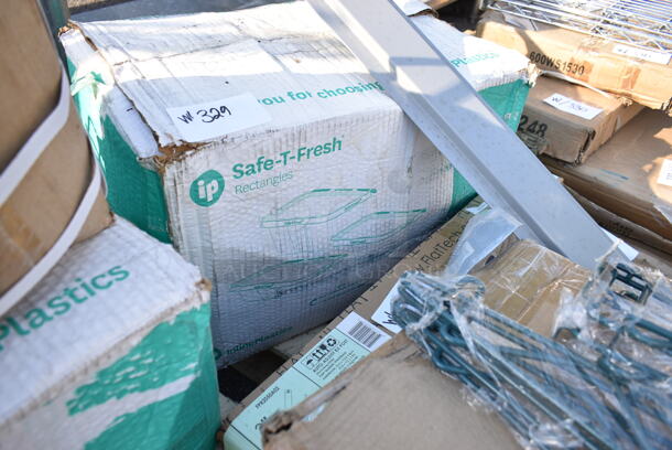 PALLET LOT of 15 BRAND NEW Items Including Saf-T-Fresh Containers, 164TB2230 Lancaster Table & Seating 22" x 30" Cross Cast Iron Table Base Plate, 3 Box 190HFC2016SB 16"(H) x 20"(W) x 2"(T) Stainless Steel Hood Filter with Lower Bracket, Chrome Finish Bracket. 15 Times Your Bid!  - Image 4 of 10