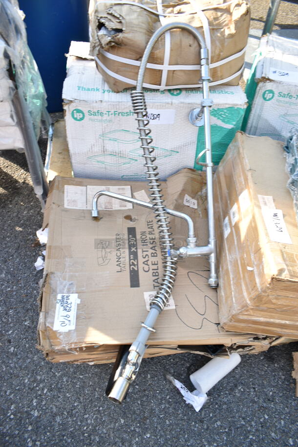 PALLET LOT of 15 BRAND NEW Items Including Saf-T-Fresh Containers, 164TB2230 Lancaster Table & Seating 22" x 30" Cross Cast Iron Table Base Plate, 3 Box 190HFC2016SB 16"(H) x 20"(W) x 2"(T) Stainless Steel Hood Filter with Lower Bracket, Chrome Finish Bracket. 15 Times Your Bid!  - Image 7 of 10