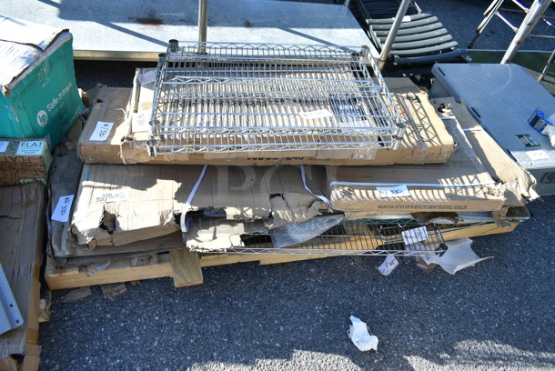 PALLET LOT of 4 BRAND NEW Items Including Regency 600WS1530  18 Gauge Stainless Steel 15" Wide Solid Wall Shelf, Regency 600DOS1248 Double Deck Overshelf, 427TB3030 Lancaster Table & Seating Excalibur 30" x 30" Cross Outdoor Table Base Plate, Regency 460EGSC2436 NSF Green Wire Security Cage - 24" x 36" x 61". 4 Times Your Bid!  - Image 1 of 10