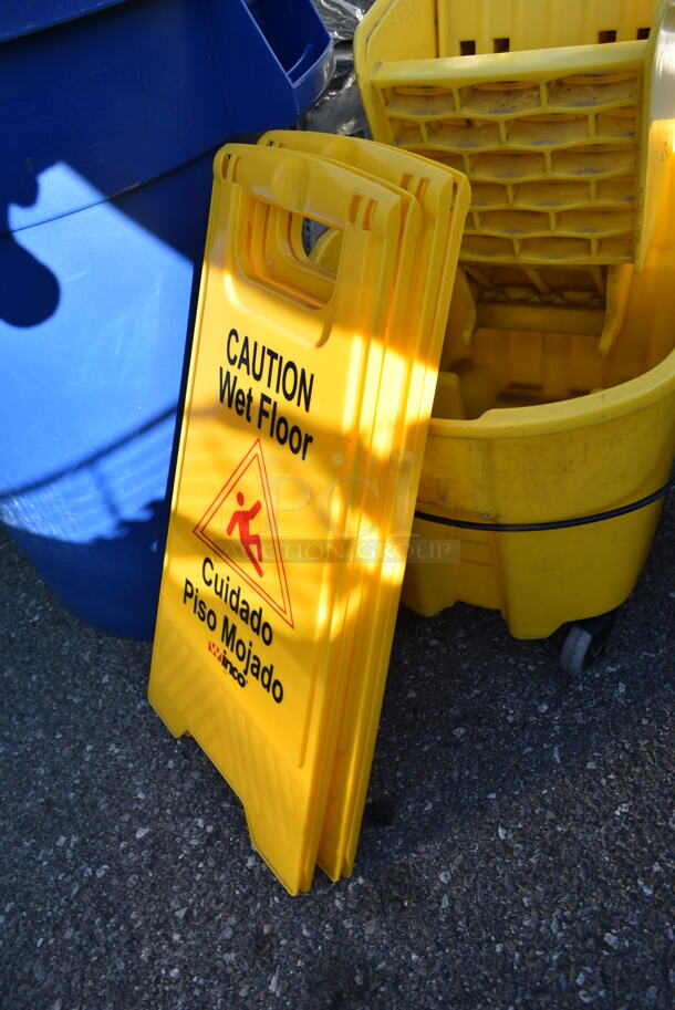 4 Various Items; Yellow Mop Bucket, 2 Wet Floor Caution Signs and 1 Blue Trash Can. 4 Times Your Bid!  - Image 2 of 10