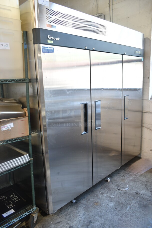 Turbo Air M3F72-3-N Stainless Steel Commercial 3 Door Reach In Freezer w/ Poly Coated Racks on Commercial Casters. 115 Volts, 1 Phase. Tested and Powers On But Does Not Get Cold - Image 1 of 8