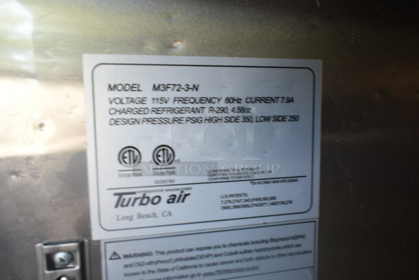Turbo Air M3F72-3-N Stainless Steel Commercial 3 Door Reach In Freezer w/ Poly Coated Racks on Commercial Casters. 115 Volts, 1 Phase. Tested and Powers On But Does Not Get Cold - Image 8 of 8