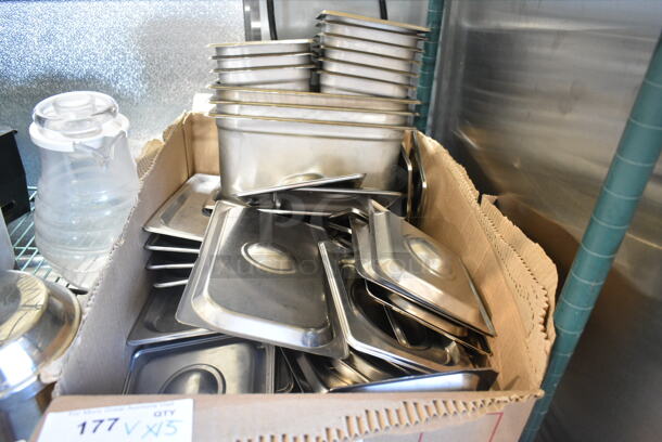 ALL ONE MONEY! Lot of Stainless Steel Drop In Bins and Lids; 25 1/6 Size Lids, 7 1/3 Size Lids, 7 1/6 Size Drop In Bins and 3 1/3 Size Drop In Bins - Image 1 of 12