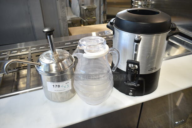 3 Various Items Including Stainless Steel Bin w/ Pump Lid, Poly Pitcher and Percolating Urn. 3 Times Your Bid! - Image 1 of 10