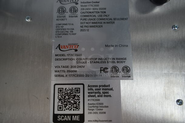 BRAND NEW SCRATCH AND DENT! Avantco 177IC3500 Stainless Steel Commercial Countertop Single Burner Induction Range. 208-240 Volts, 1 Phase.  - Image 5 of 5