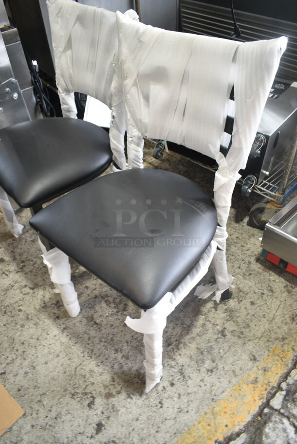 2 BRAND NEW SCRATCH AND DENT! Lancaster Table & Seating Black Metal Dining Height Chair w/ Black Cushions. 2 Times Your Bid!  - Image 3 of 5