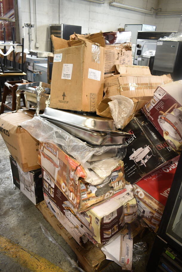 PALLET LOT of 20 BRAND NEW Boxes Including Various Chafing Dishes, Winco MPB-36 36 qt Mop Bucket Combo, Winco TNH-90. High Heat Flexible Turner w/Offset,  Winco HSP-123 Springform Pan. 20 Times Your Bid! - Image 1 of 12