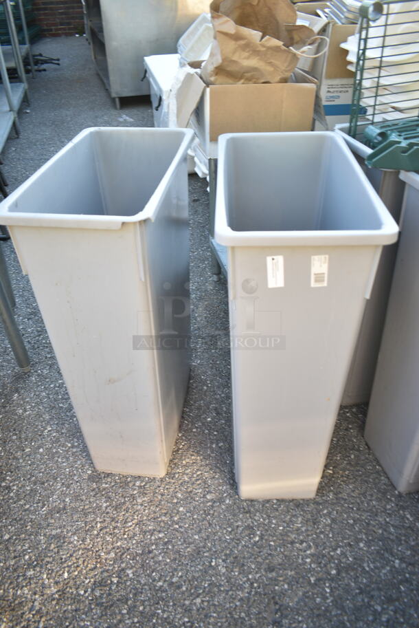 ALL ONE MONEY! Lot of 5 Gray Poly Slim Line Trash Cans w/ Contents Including Green Finish Wire Shelves and Green Finish Wire Poles.  - Image 2 of 10