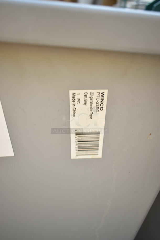 ALL ONE MONEY! Lot of 5 Gray Poly Slim Line Trash Cans w/ Contents Including Green Finish Wire Shelves and Green Finish Wire Poles.  - Image 3 of 10
