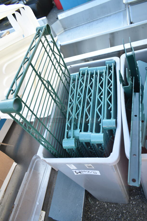 ALL ONE MONEY! Lot of 5 Gray Poly Slim Line Trash Cans w/ Contents Including Green Finish Wire Shelves and Green Finish Wire Poles.  - Image 4 of 10