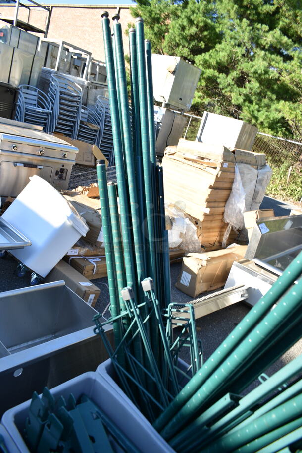ALL ONE MONEY! Lot of 5 Gray Poly Slim Line Trash Cans w/ Contents Including Green Finish Wire Shelves and Green Finish Wire Poles.  - Image 6 of 10