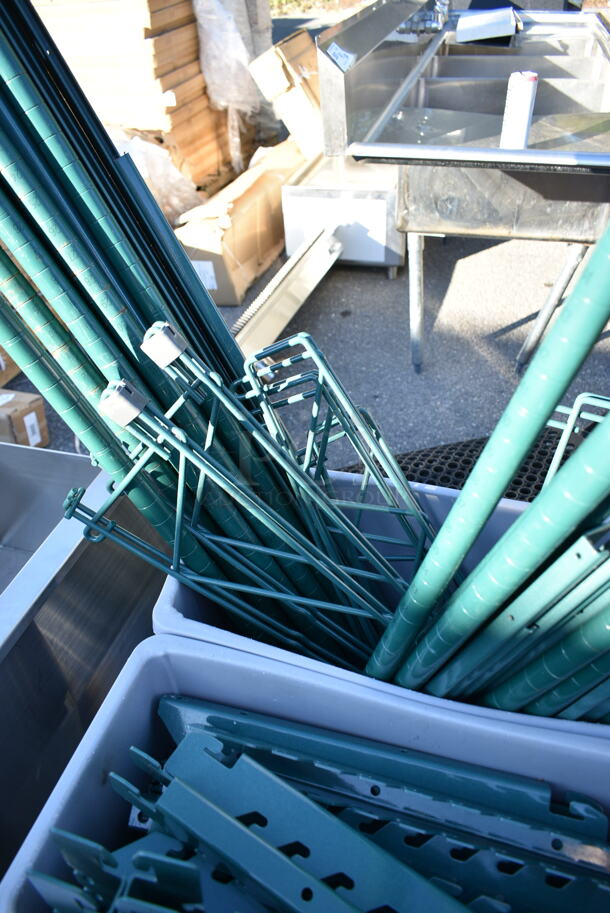 ALL ONE MONEY! Lot of 5 Gray Poly Slim Line Trash Cans w/ Contents Including Green Finish Wire Shelves and Green Finish Wire Poles.  - Image 7 of 10