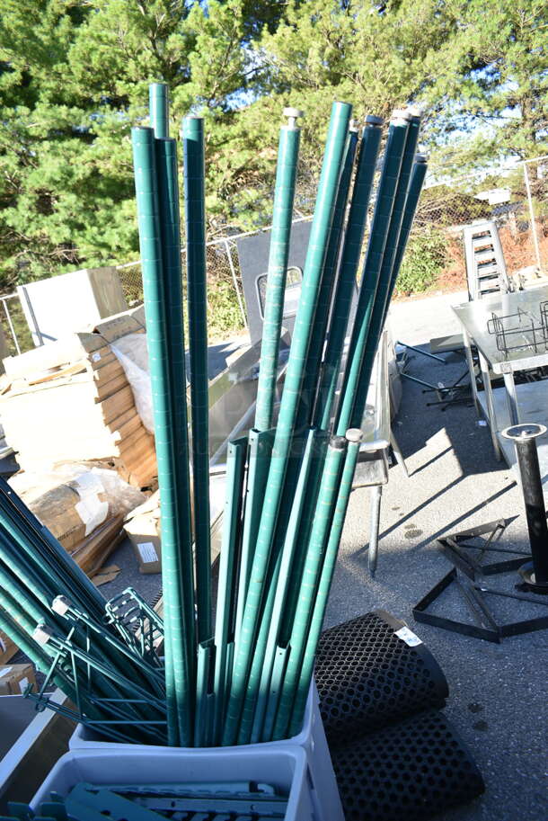 ALL ONE MONEY! Lot of 5 Gray Poly Slim Line Trash Cans w/ Contents Including Green Finish Wire Shelves and Green Finish Wire Poles.  - Image 8 of 10