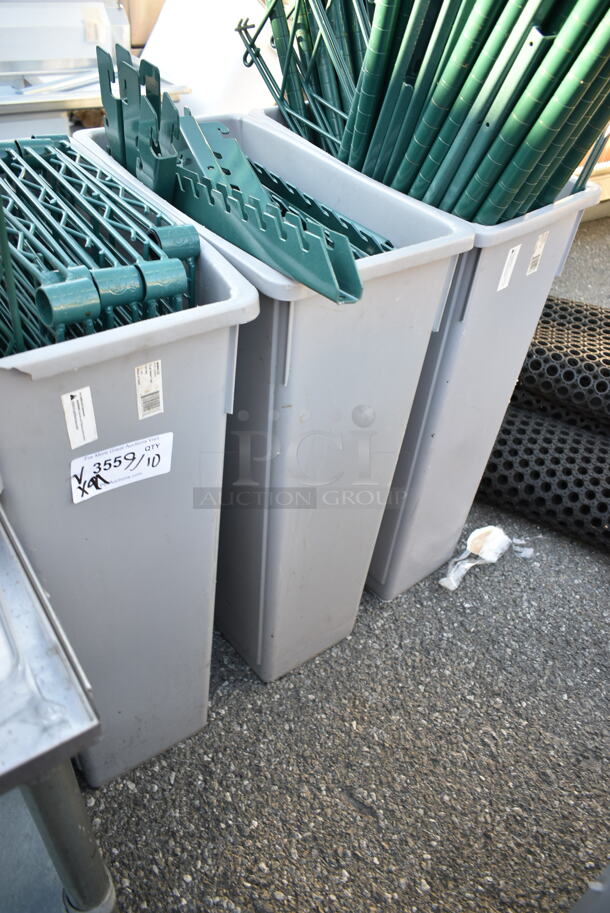 ALL ONE MONEY! Lot of 5 Gray Poly Slim Line Trash Cans w/ Contents Including Green Finish Wire Shelves and Green Finish Wire Poles.  - Image 9 of 10