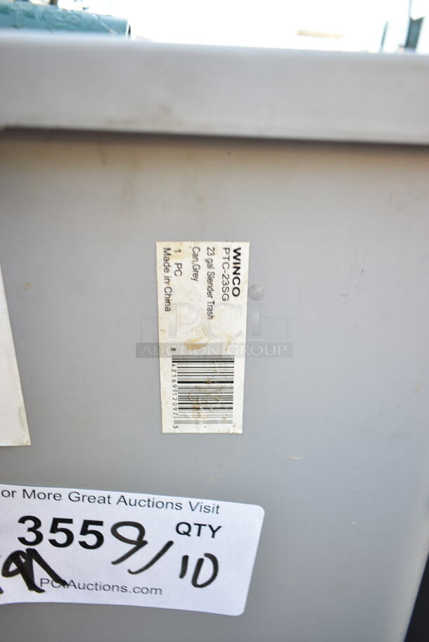 ALL ONE MONEY! Lot of 5 Gray Poly Slim Line Trash Cans w/ Contents Including Green Finish Wire Shelves and Green Finish Wire Poles.  - Image 10 of 10
