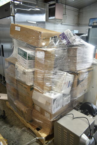 PALLET LOT of 27 BRAND NEW Boxes Including 2 Box Choice 105GC70002 Choice 2 Part Green and White Carbonless Guest Check Book - 50/Case, 130WSPOON Choice Medium Weight White Plastic Teaspoon - 1000/Case, 500CC12 Choice Clear PET Customizable Plastic Cold Cup - 12 oz. - 1000/Case, 500CC16 Choice Clear PET Customizable Plastic Cold Cup - 16 oz. - 1000/Case, Dart 205HT1 White Foam Take Out Container with Perforated Hinged Lid 9" x 6" x 3" - 200/Case, 5014046XXH Lavex Pro 45 Gallon 3 Mil 40" x 46" Low Density Heavy-Duty Industrial Contractor Black Trash Bag / Can Liner - 50/Case, 427BASEFIL66 Lancaster Table & Seating Black Plastic Fillable Umbrella Base, 394365S Noble Products Powder-Free Disposable Clear Vinyl Gloves for Foodservice - Small - 1000/Case, 130BKFKSNX500 Choice Black Extra Heavy Weight Wrapped Plastic Cutlery Pack with Napkin - 500/Case, World Centric 9" Plates, 176STP3123BK Choice 30" x 25" Black Oval Non-Skid Serving Tray, Choice 2 oz Portion Cups, 130HFBK1M Visions Black Heavy Weight Plastic Fork - Case of 1000. 27 Times Your Bid!