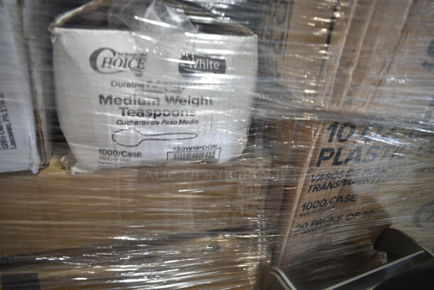 PALLET LOT of 27 BRAND NEW Boxes Including 2 Box Choice 105GC70002 Choice 2 Part Green and White Carbonless Guest Check Book - 50/Case, 130WSPOON Choice Medium Weight White Plastic Teaspoon - 1000/Case, 500CC12 Choice Clear PET Customizable Plastic Cold Cup - 12 oz. - 1000/Case, 500CC16 Choice Clear PET Customizable Plastic Cold Cup - 16 oz. - 1000/Case, Dart 205HT1 White Foam Take Out Container with Perforated Hinged Lid 9" x 6" x 3" - 200/Case, 5014046XXH Lavex Pro 45 Gallon 3 Mil 40" x 46" Low Density Heavy-Duty Industrial Contractor Black Trash Bag / Can Liner - 50/Case, 427BASEFIL66 Lancaster Table & Seating Black Plastic Fillable Umbrella Base, 394365S Noble Products Powder-Free Disposable Clear Vinyl Gloves for Foodservice - Small - 1000/Case, 130BKFKSNX500 Choice Black Extra Heavy Weight Wrapped Plastic Cutlery Pack with Napkin - 500/Case, World Centric 9" Plates, 176STP3123BK Choice 30" x 25" Black Oval Non-Skid Serving Tray, Choice 2 oz Portion Cups, 130HFBK1M Visions Black Heavy Weight Plastic Fork - Case of 1000. 27 Times Your Bid! - Image 4 of 12