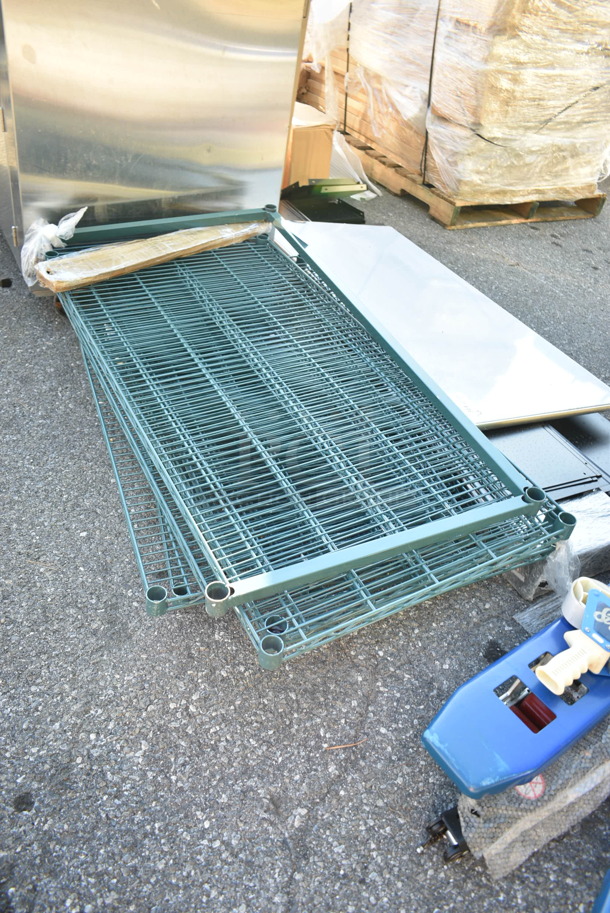 ALL ONE MONEY! Lot of 10 Pieces Including Green Finish Wire Shelves and Regency 460EGP27 Poles - Image 1 of 6