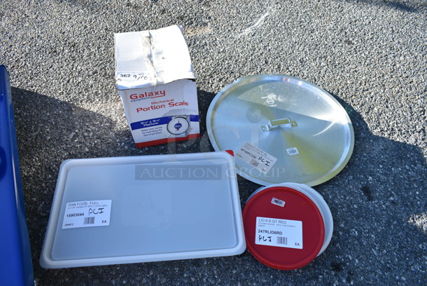 ALL ONE MONEY! Lot of 5 BRAND NEW Items Including 15903044 Araven 03044 Full Size Translucent Polypropylene Food Pan with Airtight Lid - 2 1/2" Deep, 247RLID6RD Vigor 6 and 8 Qt. Red Round Polypropylene Food Storage Container Lid, 471SPC100 Choice 20 13/16" Aluminum Pot / Pan Cover, 177GPCM50 Galaxy 50 lb. Mechanical Portion Control Scale - Image 2 of 11