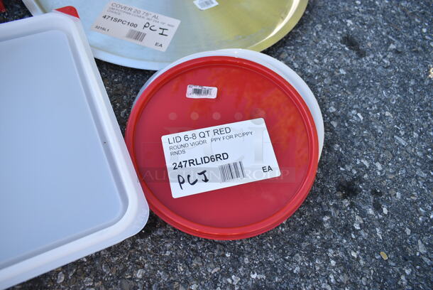 ALL ONE MONEY! Lot of 5 BRAND NEW Items Including 15903044 Araven 03044 Full Size Translucent Polypropylene Food Pan with Airtight Lid - 2 1/2" Deep, 247RLID6RD Vigor 6 and 8 Qt. Red Round Polypropylene Food Storage Container Lid, 471SPC100 Choice 20 13/16" Aluminum Pot / Pan Cover, 177GPCM50 Galaxy 50 lb. Mechanical Portion Control Scale - Image 5 of 11