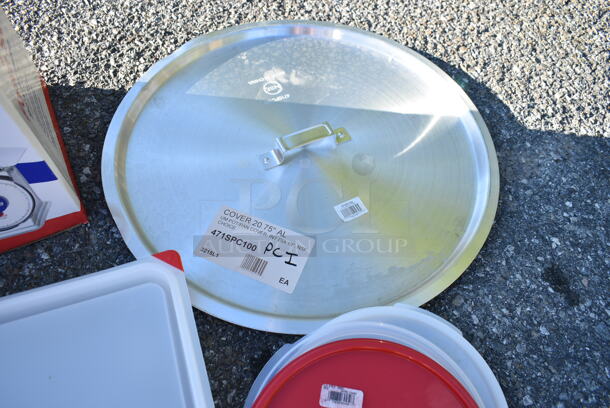 ALL ONE MONEY! Lot of 5 BRAND NEW Items Including 15903044 Araven 03044 Full Size Translucent Polypropylene Food Pan with Airtight Lid - 2 1/2" Deep, 247RLID6RD Vigor 6 and 8 Qt. Red Round Polypropylene Food Storage Container Lid, 471SPC100 Choice 20 13/16" Aluminum Pot / Pan Cover, 177GPCM50 Galaxy 50 lb. Mechanical Portion Control Scale - Image 7 of 11
