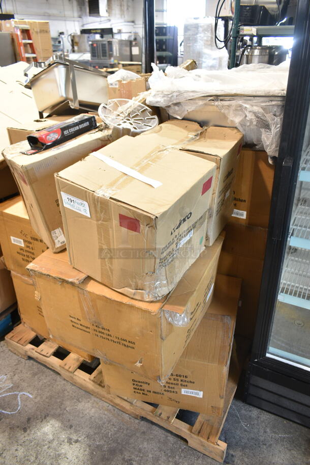 PALLET LOT of 18 BRAND NEW Boxes Including 4 Box Winco ALSB40 40 Qt. Aluminum Stock Pot Steamer Basket, 4 Box F-KS-6016 9 Piece Ss Kitchen Utensils Set, Winco LDI-20SH 2 oz Ladle, 2 Lancaster Table & Seating 3493048TBA 30" x 48" Rectangular Reversible White Birch / Ash Laminated Table Top. 18 Times Your Bid! - Image 1 of 12