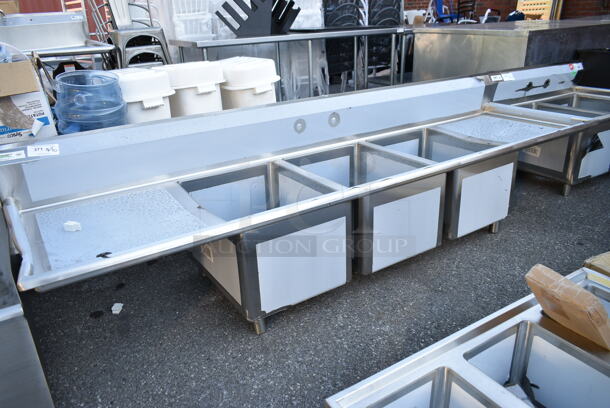 BRAND NEW SCRATCH AND DENT! Regency 600S31824224 Stainless Steel Commercial 3 Bay Sink w/ Dual Drain Boards. No Legs. Bays 18x23x14. Drain Boards 22.5x25.5. - Image 3 of 10