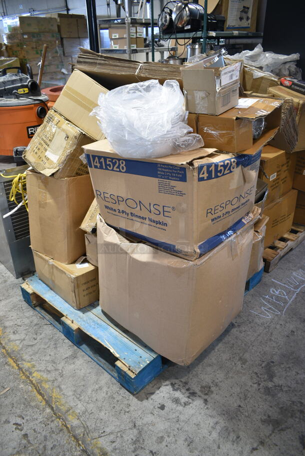 PALLET LOT of 17 BRAND NEW Boxes Including 176BSKT95BK Choice 9 1/4" x 5 3/4" x 1 1/2" Black Oval Plastic Fast Food Basket - 12/Pack, 164TCOLROD25 Lancaster Table & Seating 25 3/16" Standard Height Table Base Column and Rod, CSI 16 oz PET Cylinder, 2 Box Choice 407358MCC Choice Stainless Steel Malt Cup Collar for 3 5/8" Cups - 4 5/8" Top Diameter, 260PCCOV10 Choice 10" Clear Polycarbonate Plate Cover - 12/Case, 413R053008100 Hatco R05.30.081.00 Leg, 41528 Response Dinner Napkins, Garde 181COM1KITMA Heavy-Duty Can Opener Knife and Gear Kit, American Metalcraft ASEAS14 14" Round Silver Hammered Aluminum Seafood Tray, 929CAC187 Waring Ellipse CAC187 32 oz. Copolyester Container with Dasher Assembly for MXE2000, 20A871989 Ansell AlphaTec® 87-198 12" Yellow 16 Mil Unsupported Fish Scale Grip Natural Latex Rubber Gloves with Cotton Flock Lining - Large - 12/Pack, 500CC12HD 12 oz. Plastic Cold Cup - 1000/Case, Carlisle Spectrum 4073500 17" Aluminum Brush Rack, 612D3COMP Choice 8 1/2"x 6 3/8" 3-Compartment Oblong Foil Take-Out Container with Board Lid - 250/Case, 500IRB100WULK 1 Gallon (128 oz.) Translucent HDPE Industrial Round Jug with Unlined White Ribbed Continuous Thread Cap. 17 Times Your Bid!  - Image 1 of 12
