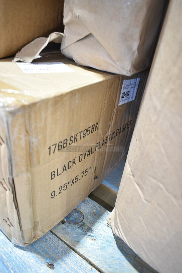PALLET LOT of 17 BRAND NEW Boxes Including 176BSKT95BK Choice 9 1/4" x 5 3/4" x 1 1/2" Black Oval Plastic Fast Food Basket - 12/Pack, 164TCOLROD25 Lancaster Table & Seating 25 3/16" Standard Height Table Base Column and Rod, CSI 16 oz PET Cylinder, 2 Box Choice 407358MCC Choice Stainless Steel Malt Cup Collar for 3 5/8" Cups - 4 5/8" Top Diameter, 260PCCOV10 Choice 10" Clear Polycarbonate Plate Cover - 12/Case, 413R053008100 Hatco R05.30.081.00 Leg, 41528 Response Dinner Napkins, Garde 181COM1KITMA Heavy-Duty Can Opener Knife and Gear Kit, American Metalcraft ASEAS14 14" Round Silver Hammered Aluminum Seafood Tray, 929CAC187 Waring Ellipse CAC187 32 oz. Copolyester Container with Dasher Assembly for MXE2000, 20A871989 Ansell AlphaTec® 87-198 12" Yellow 16 Mil Unsupported Fish Scale Grip Natural Latex Rubber Gloves with Cotton Flock Lining - Large - 12/Pack, 500CC12HD 12 oz. Plastic Cold Cup - 1000/Case, Carlisle Spectrum 4073500 17" Aluminum Brush Rack, 612D3COMP Choice 8 1/2"x 6 3/8" 3-Compartment Oblong Foil Take-Out Container with Board Lid - 250/Case, 500IRB100WULK 1 Gallon (128 oz.) Translucent HDPE Industrial Round Jug with Unlined White Ribbed Continuous Thread Cap. 17 Times Your Bid!  - Image 2 of 12