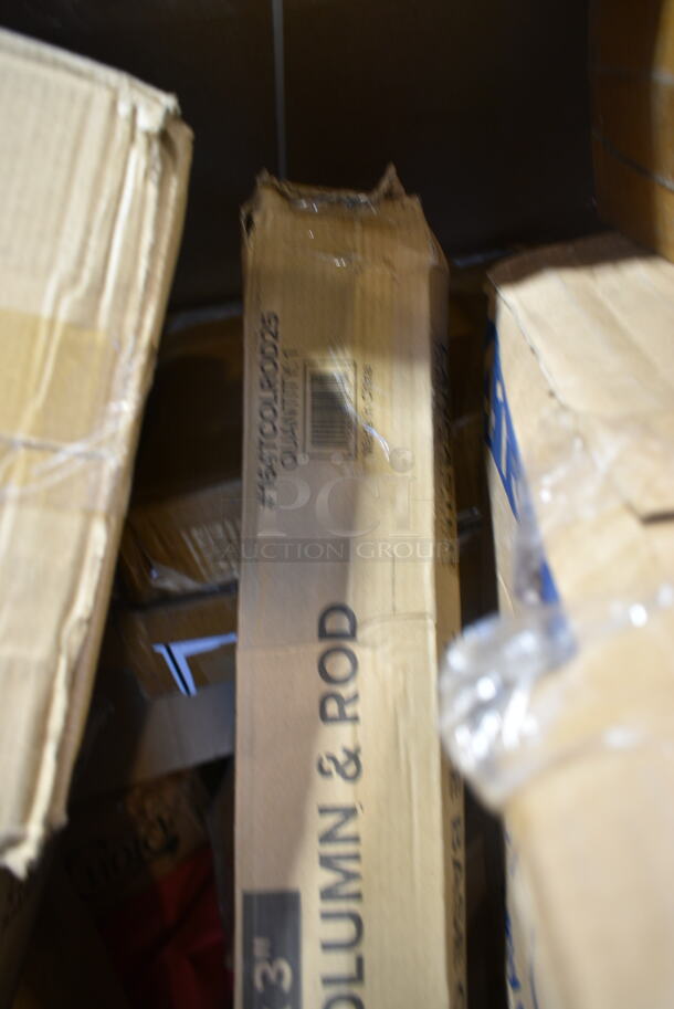 PALLET LOT of 17 BRAND NEW Boxes Including 176BSKT95BK Choice 9 1/4" x 5 3/4" x 1 1/2" Black Oval Plastic Fast Food Basket - 12/Pack, 164TCOLROD25 Lancaster Table & Seating 25 3/16" Standard Height Table Base Column and Rod, CSI 16 oz PET Cylinder, 2 Box Choice 407358MCC Choice Stainless Steel Malt Cup Collar for 3 5/8" Cups - 4 5/8" Top Diameter, 260PCCOV10 Choice 10" Clear Polycarbonate Plate Cover - 12/Case, 413R053008100 Hatco R05.30.081.00 Leg, 41528 Response Dinner Napkins, Garde 181COM1KITMA Heavy-Duty Can Opener Knife and Gear Kit, American Metalcraft ASEAS14 14" Round Silver Hammered Aluminum Seafood Tray, 929CAC187 Waring Ellipse CAC187 32 oz. Copolyester Container with Dasher Assembly for MXE2000, 20A871989 Ansell AlphaTec® 87-198 12" Yellow 16 Mil Unsupported Fish Scale Grip Natural Latex Rubber Gloves with Cotton Flock Lining - Large - 12/Pack, 500CC12HD 12 oz. Plastic Cold Cup - 1000/Case, Carlisle Spectrum 4073500 17" Aluminum Brush Rack, 612D3COMP Choice 8 1/2"x 6 3/8" 3-Compartment Oblong Foil Take-Out Container with Board Lid - 250/Case, 500IRB100WULK 1 Gallon (128 oz.) Translucent HDPE Industrial Round Jug with Unlined White Ribbed Continuous Thread Cap. 17 Times Your Bid!  - Image 3 of 12