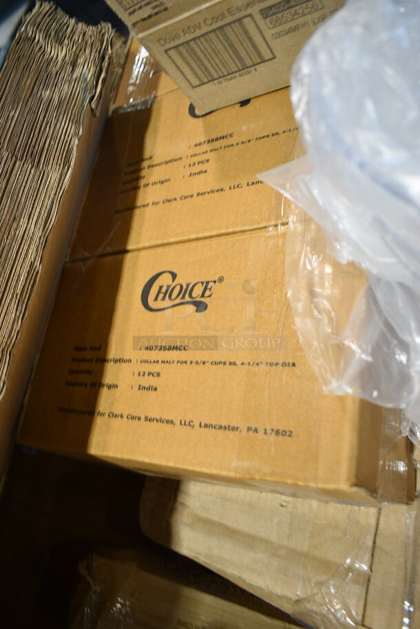 PALLET LOT of 17 BRAND NEW Boxes Including 176BSKT95BK Choice 9 1/4" x 5 3/4" x 1 1/2" Black Oval Plastic Fast Food Basket - 12/Pack, 164TCOLROD25 Lancaster Table & Seating 25 3/16" Standard Height Table Base Column and Rod, CSI 16 oz PET Cylinder, 2 Box Choice 407358MCC Choice Stainless Steel Malt Cup Collar for 3 5/8" Cups - 4 5/8" Top Diameter, 260PCCOV10 Choice 10" Clear Polycarbonate Plate Cover - 12/Case, 413R053008100 Hatco R05.30.081.00 Leg, 41528 Response Dinner Napkins, Garde 181COM1KITMA Heavy-Duty Can Opener Knife and Gear Kit, American Metalcraft ASEAS14 14" Round Silver Hammered Aluminum Seafood Tray, 929CAC187 Waring Ellipse CAC187 32 oz. Copolyester Container with Dasher Assembly for MXE2000, 20A871989 Ansell AlphaTec® 87-198 12" Yellow 16 Mil Unsupported Fish Scale Grip Natural Latex Rubber Gloves with Cotton Flock Lining - Large - 12/Pack, 500CC12HD 12 oz. Plastic Cold Cup - 1000/Case, Carlisle Spectrum 4073500 17" Aluminum Brush Rack, 612D3COMP Choice 8 1/2"x 6 3/8" 3-Compartment Oblong Foil Take-Out Container with Board Lid - 250/Case, 500IRB100WULK 1 Gallon (128 oz.) Translucent HDPE Industrial Round Jug with Unlined White Ribbed Continuous Thread Cap. 17 Times Your Bid!  - Image 7 of 12