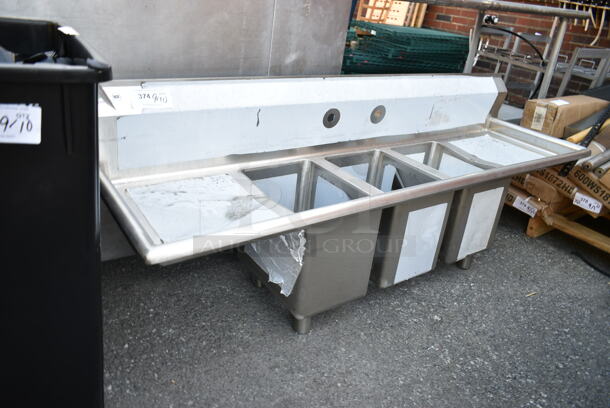 BRAND NEW SCRATCH AND DENT! Regency 600S31014216  66" 16-Gauge Stainless Steel Three Compartment Commercial Sink with Galvanized Steel Legs and 2 Drainboards - 10" x 14" x 12" Bowls. No Legs.  - Image 3 of 9