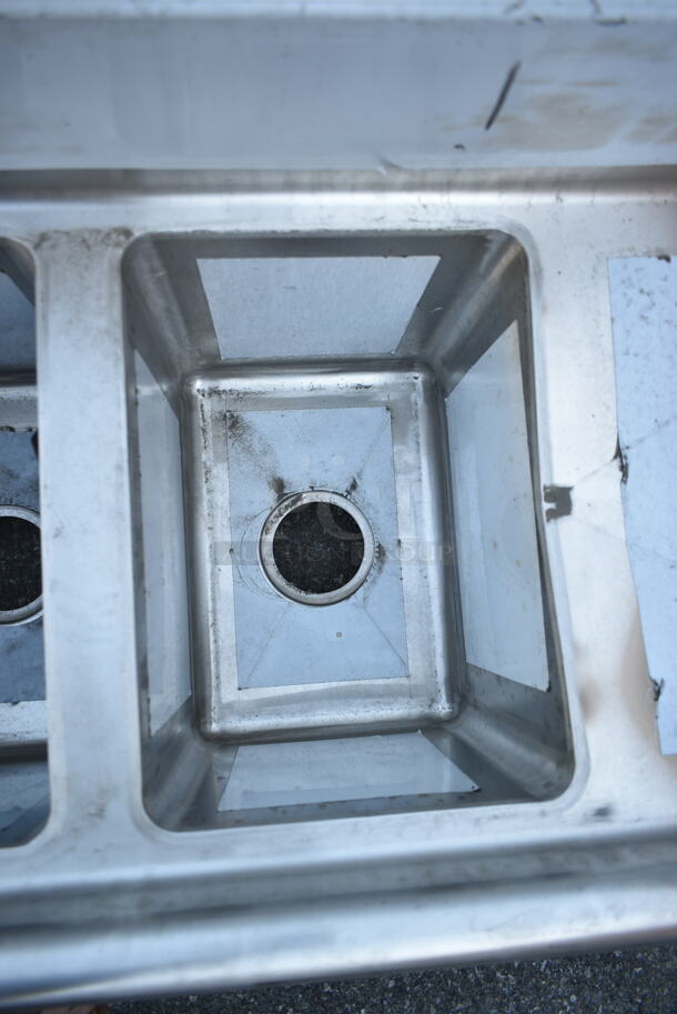 BRAND NEW SCRATCH AND DENT! Regency 600S31014216  66" 16-Gauge Stainless Steel Three Compartment Commercial Sink with Galvanized Steel Legs and 2 Drainboards - 10" x 14" x 12" Bowls. No Legs.  - Image 5 of 9