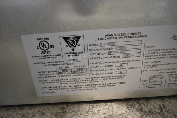 BRAND NEW SCRATCH AND DENT! 2024 Avantco 177CAG36RC Stainless Steel 36" Natural Gas Countertop Radiant Charbroiler. 90,000 BTU. - Image 6 of 6