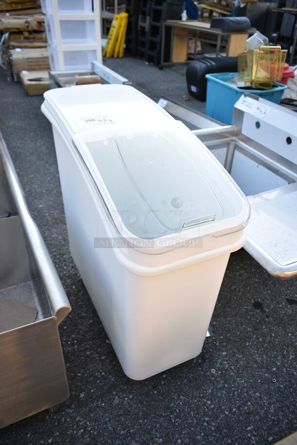 BRAND NEW SCRATCH AND DENT! Bakers Mark White Slant Top Mobile Ingredient Storage Bin with Sliding Lid  - Image 3 of 6