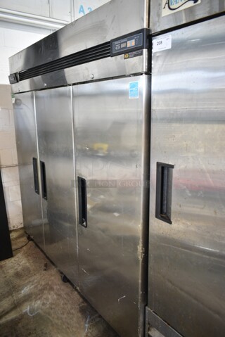 Blue Air BSF72T Stainless Steel Commercial 3 Door Reach In Freezer w/ Poly Coated Racks on Commercial Casters. 115 Volts, 1 Phase. Cannot Test Due To Plug Style