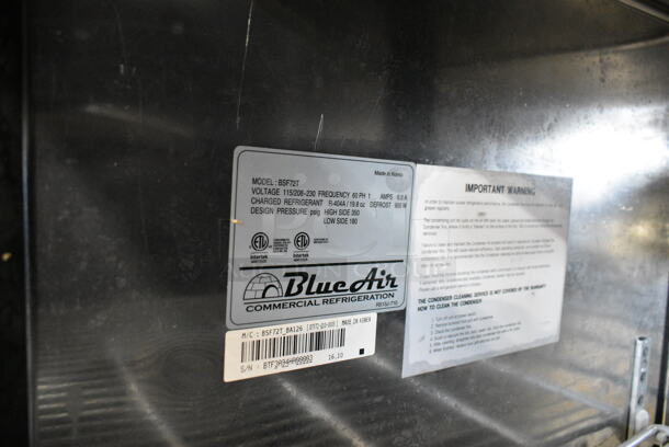 Blue Air BSF72T Stainless Steel Commercial 3 Door Reach In Freezer w/ Poly Coated Racks on Commercial Casters. 115 Volts, 1 Phase. Cannot Test Due To Plug Style - Image 8 of 8