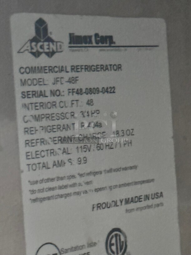 Ascend JFD-48F 48 Cu.Ft Commercial Freezer Reach-In w/ 2 Stainless Doors 115 Volt - Image 6 of 6