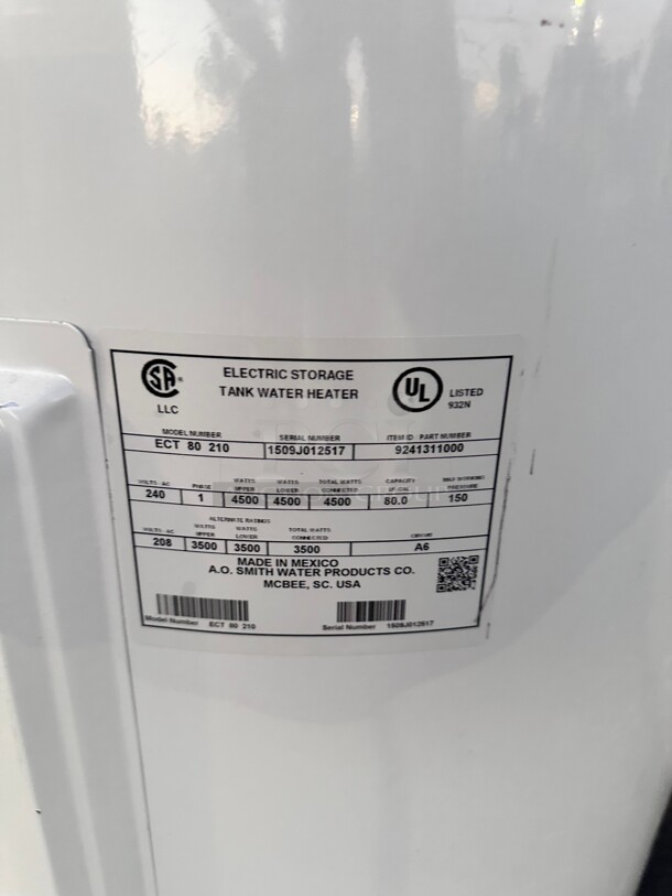 A.O. Smith 80 Gallon LTE-80D Light-Service Commercial Electric Water Heater - Tall - Image 4 of 4