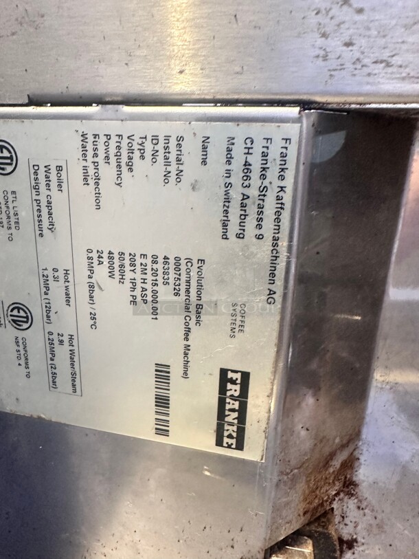 Franke Evolution Commercial Super Automatic Espresso Machine 220 Volt - Image 2 of 2