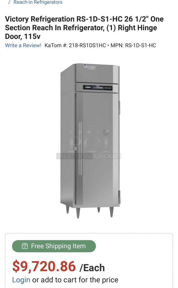Victory RA-1D-S1 27" Two Sections Reach in Refrigerator 115 Volt Tested and Working - Image 7 of 7