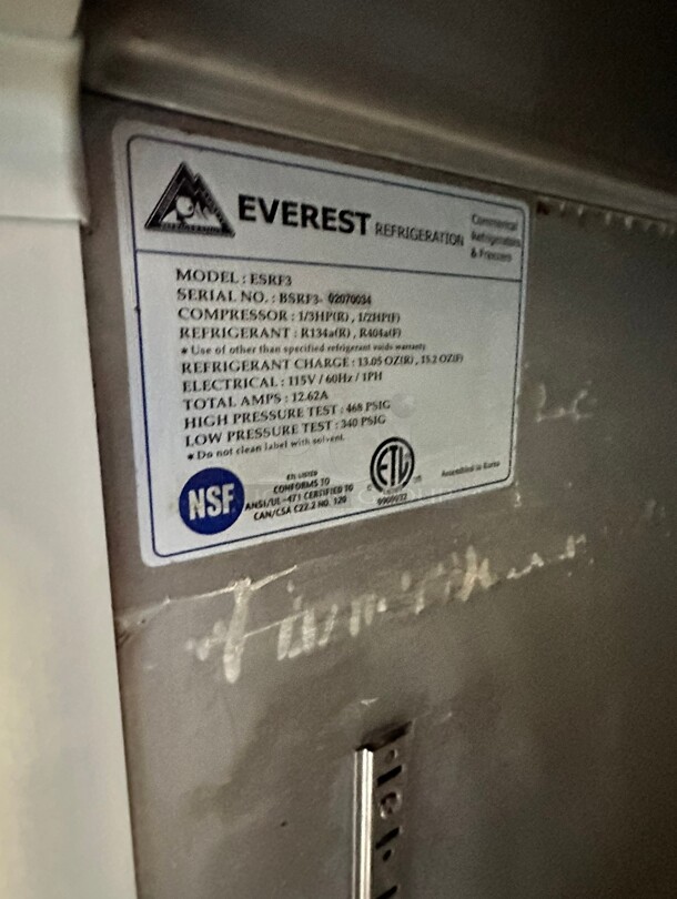 Nice Everest ESRF3 Freezer/ Refrigerator Combo Three Section Reach-In Dual Temp  115 Volt Working - Image 10 of 10