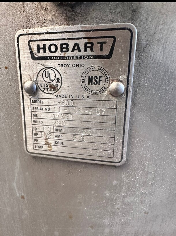 Working! Hobart L-800 Commercial Dough Mixer 80 Qt 220 Volt 3 Phase 1 1/2 HP - Image 8 of 10