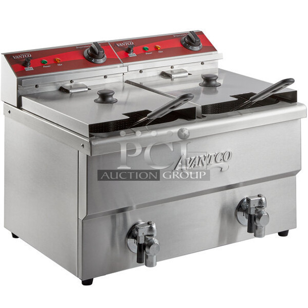 BRAND NEW SCRATCH AND DENT! 2023 Avantco 177F202 Stainless Steel Commercial Countertop Electric Powered 2 Bay Fryer w/ Lids and Metal Fry Baskets. 208-240 Volts, 1 Phase. - Image 1 of 3