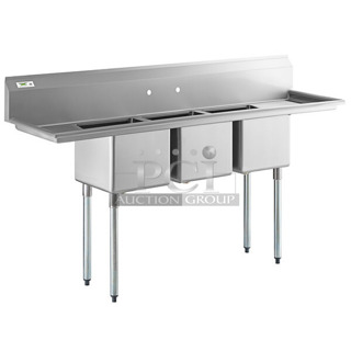 	BRAND NEW SCRATCH AND DENT! Regency 600S31515215 79" 16-Gauge Stainless Steel Three Compartment Commercial Sink with Galvanized Steel Legs and 2 Drainboards - 15" x 15" x 12" Bowls. No Legs.