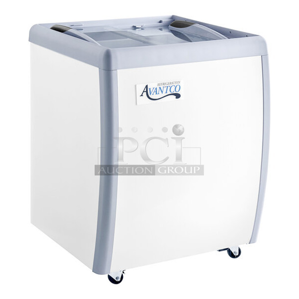 BRAND NEW SCRATCH AND DENT! Avantco 360ADCGEL4 White Metal Floor Style Display Freezer Merchandiser on Commercial Casters. 115 Volts, 1 Phase. Tested and Powers On But Does Not Get Cold - Image 1 of 8