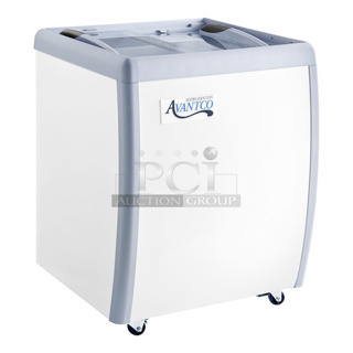 BRAND NEW SCRATCH AND DENT! Avantco 360ADCGEL4 White Metal Floor Style Display Freezer Merchandiser on Commercial Casters. 115 Volts, 1 Phase. Tested and Powers On But Does Not Get Cold